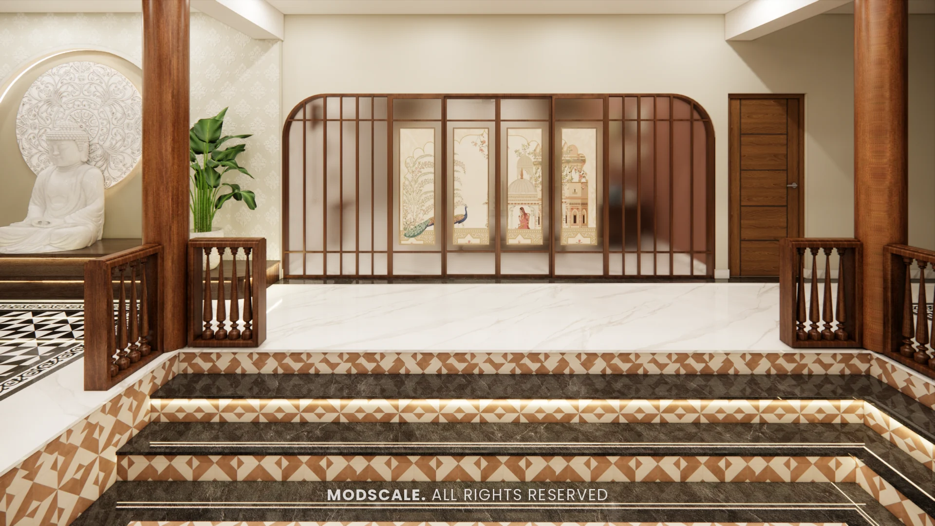 Internal courtyard with stepped patterned floor, wooden pillars and arched glass screen, Chethan house interior, Sarjapur–Hosur Road
