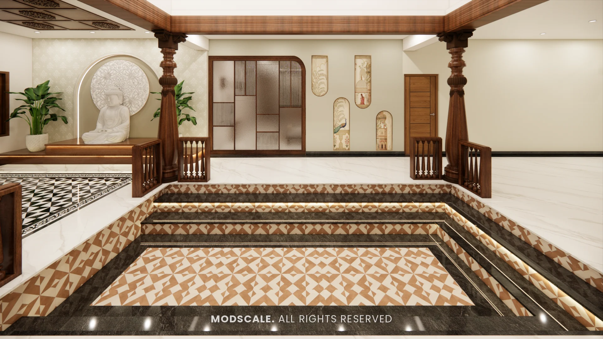 Sunken courtyard with inlay-pattern flooring between the foyer and dining area, Chethan house interior, Sarjapur–Hosur Road