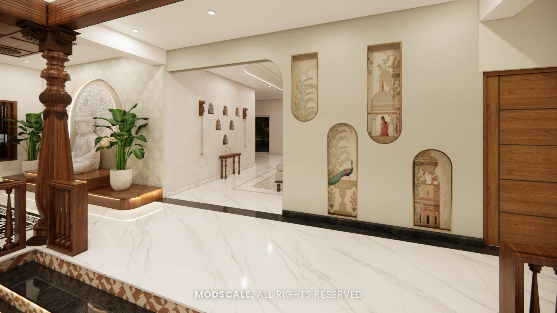 Courtyard passage with wall niches and marble flooring, Chethan house interior, Sarjapur–Hosur Road