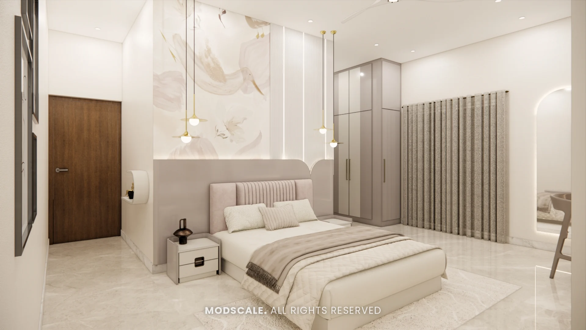 Bedroom with blush upholstered bed and fluted wardrobe shutters, Chethan house interior, Sarjapur–Hosur Road
