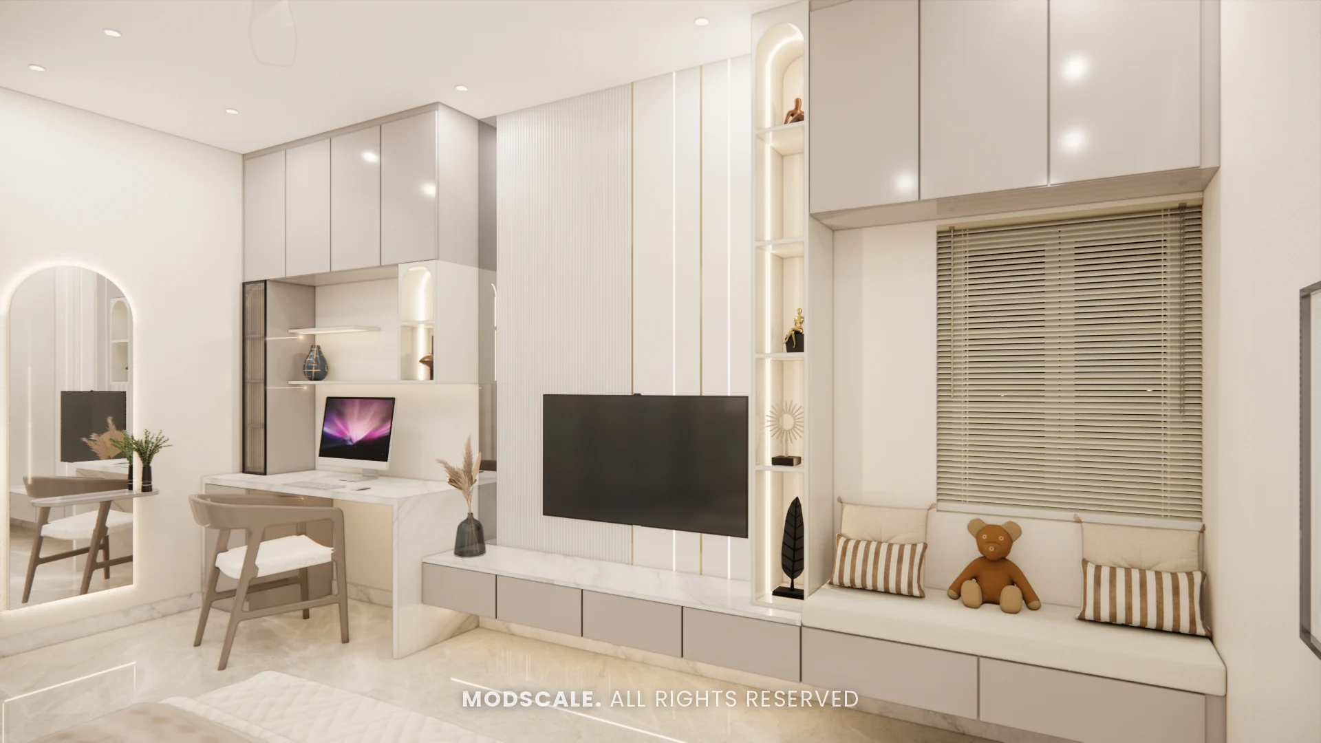 Study and TV wall with arched mirror niche and window seat, Chethan house interior, Sarjapur–Hosur Road