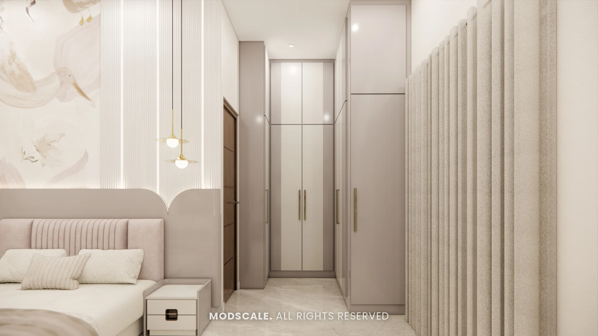 Bedside wall with pendant light and fluted wardrobe, Chethan house interior, Sarjapur–Hosur Road