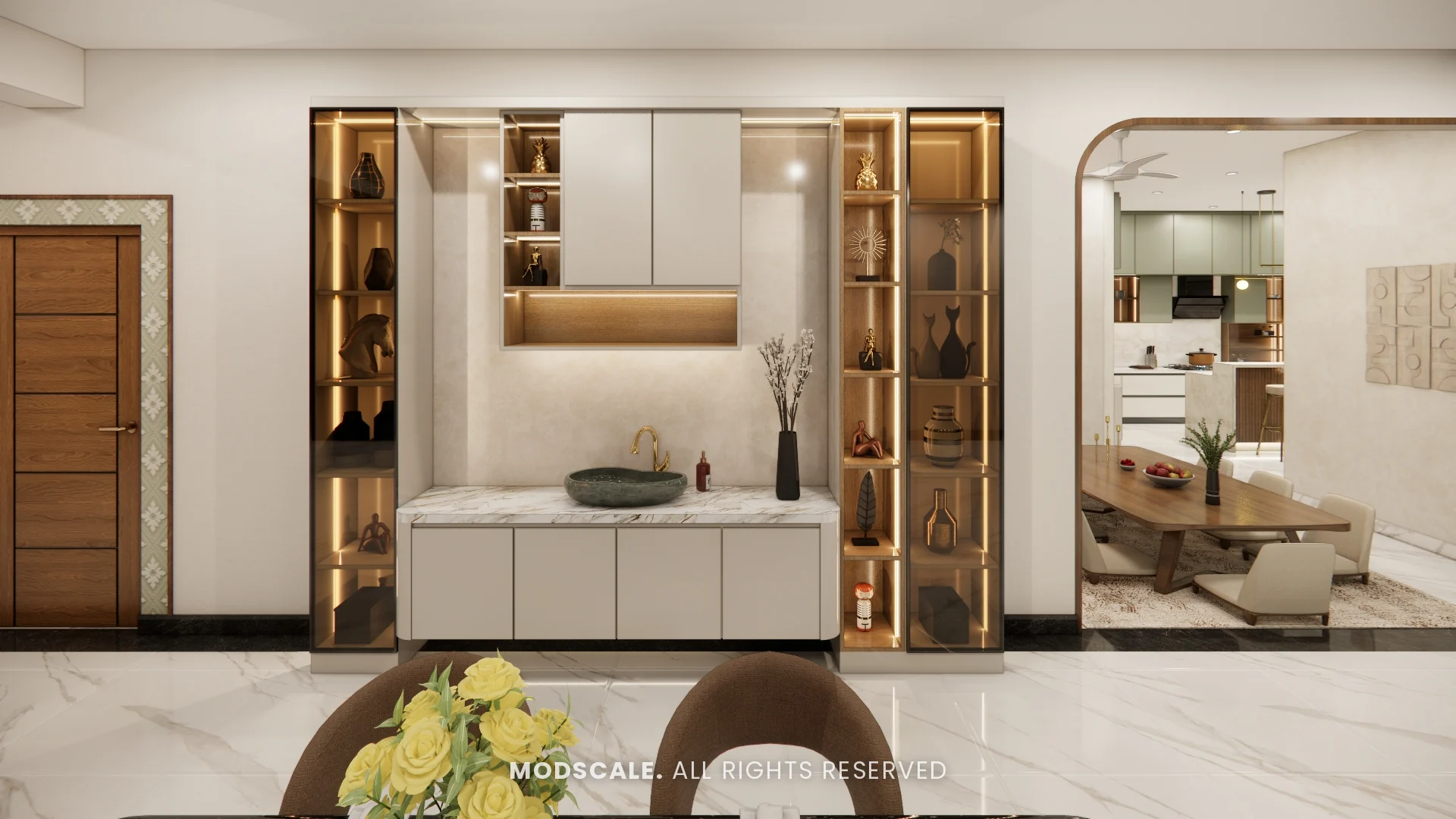 Dining area with wooden table, tan chairs and backlit crockery display unit, Chethan house interior, Sarjapur–Hosur Road