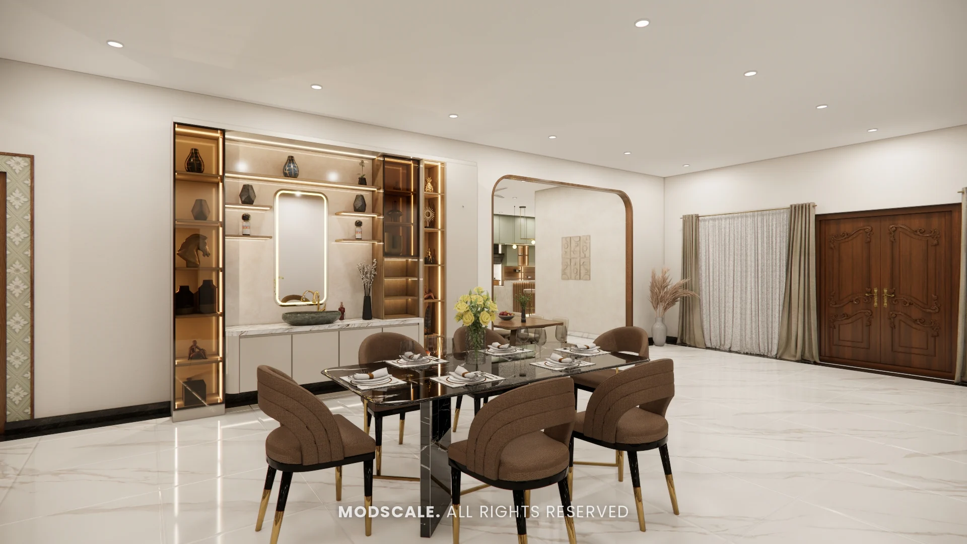 Wide view of the dining area and wash counter, Chethan house interior, Sarjapur–Hosur Road