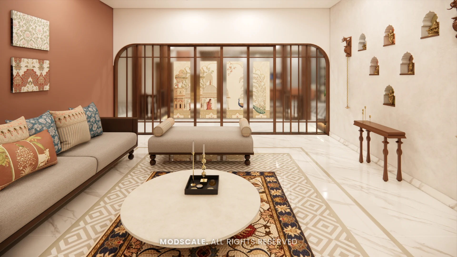 Family lounge with low sofas, round centre table and wall-mounted bell display, Chethan house interior, Sarjapur–Hosur Road