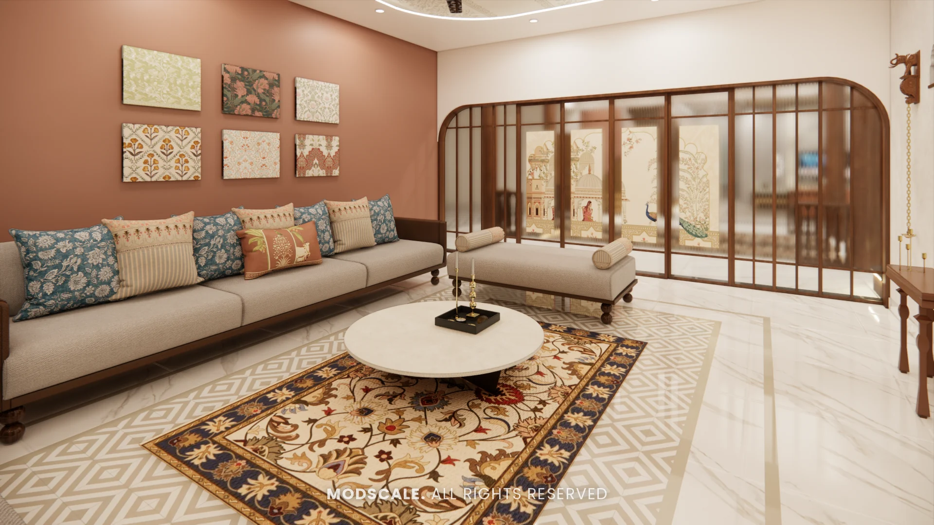 Family lounge with terracotta accent wall, framed art and arched glass partition, Chethan house interior, Sarjapur–Hosur Road