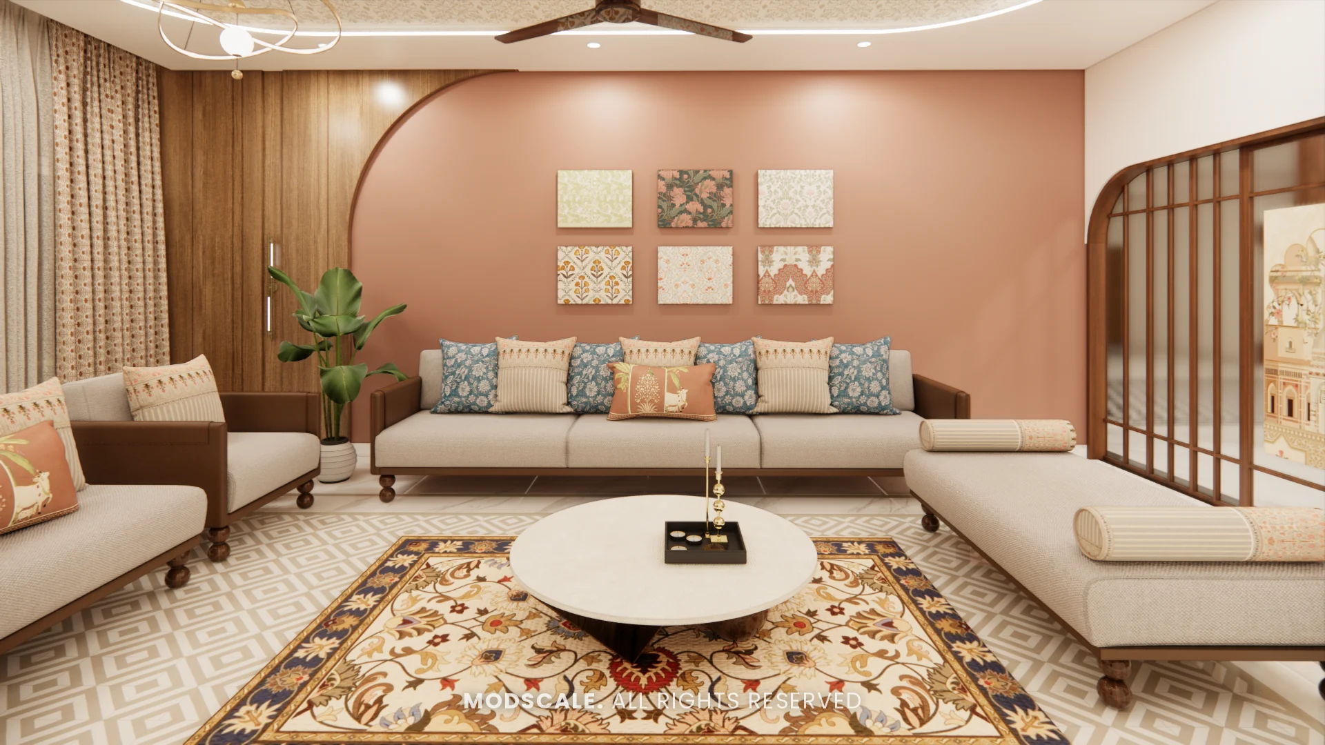 Family lounge seating under an arched wooden wall feature, Chethan house interior, Sarjapur–Hosur Road