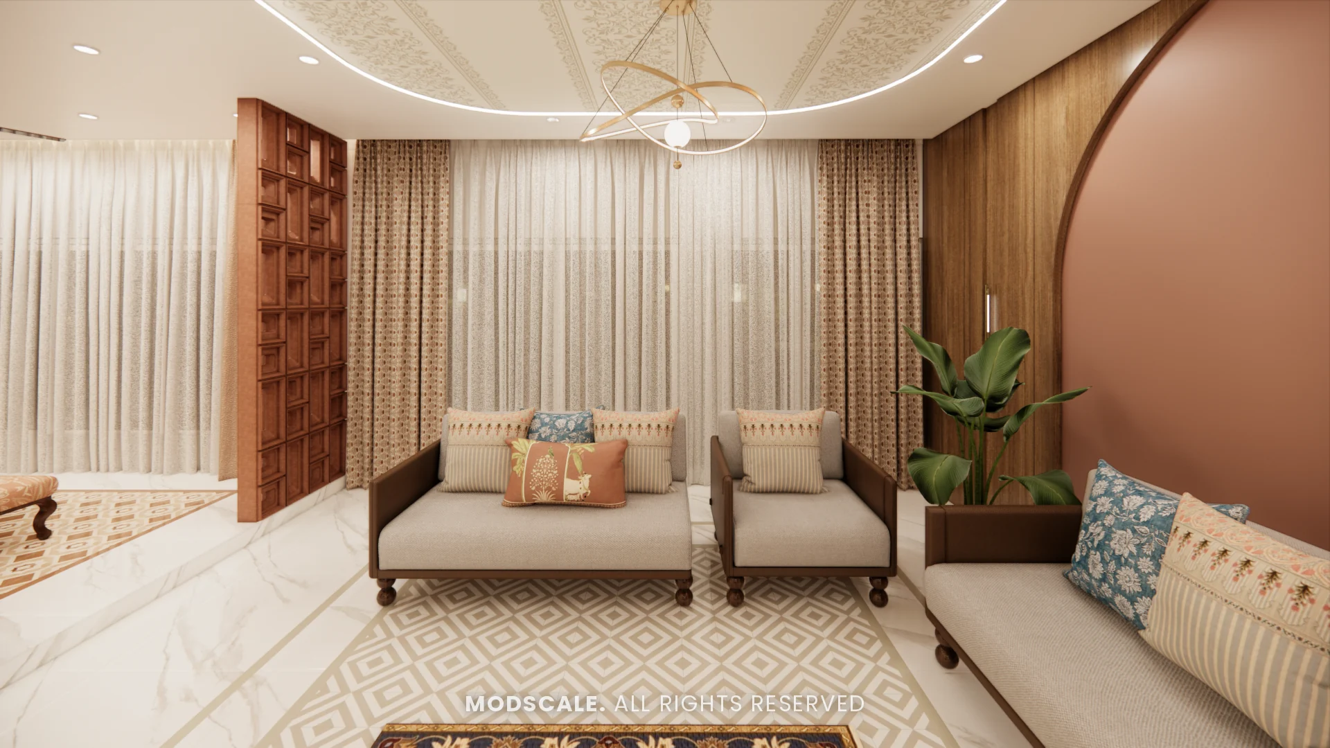 Family lounge with twin armchairs and full-height sheer curtains, Chethan house interior, Sarjapur–Hosur Road