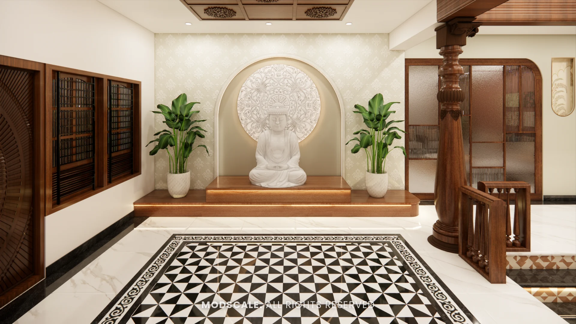 Foyer with seated Buddha statue in a carved stone niche, wooden pillars and black-and-white patterned floor, Chethan house interior, Sarjapur–Hosur Road