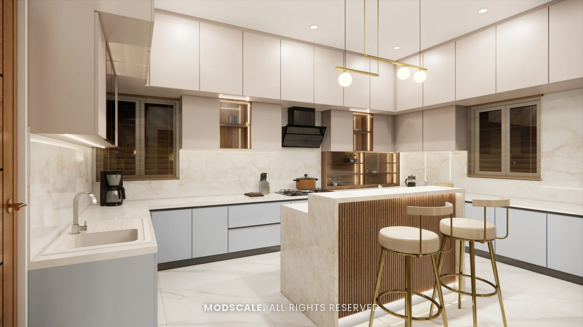 Modular kitchen with marble-finish island, bar stools and pendant lights, Chethan house interior, Sarjapur–Hosur Road