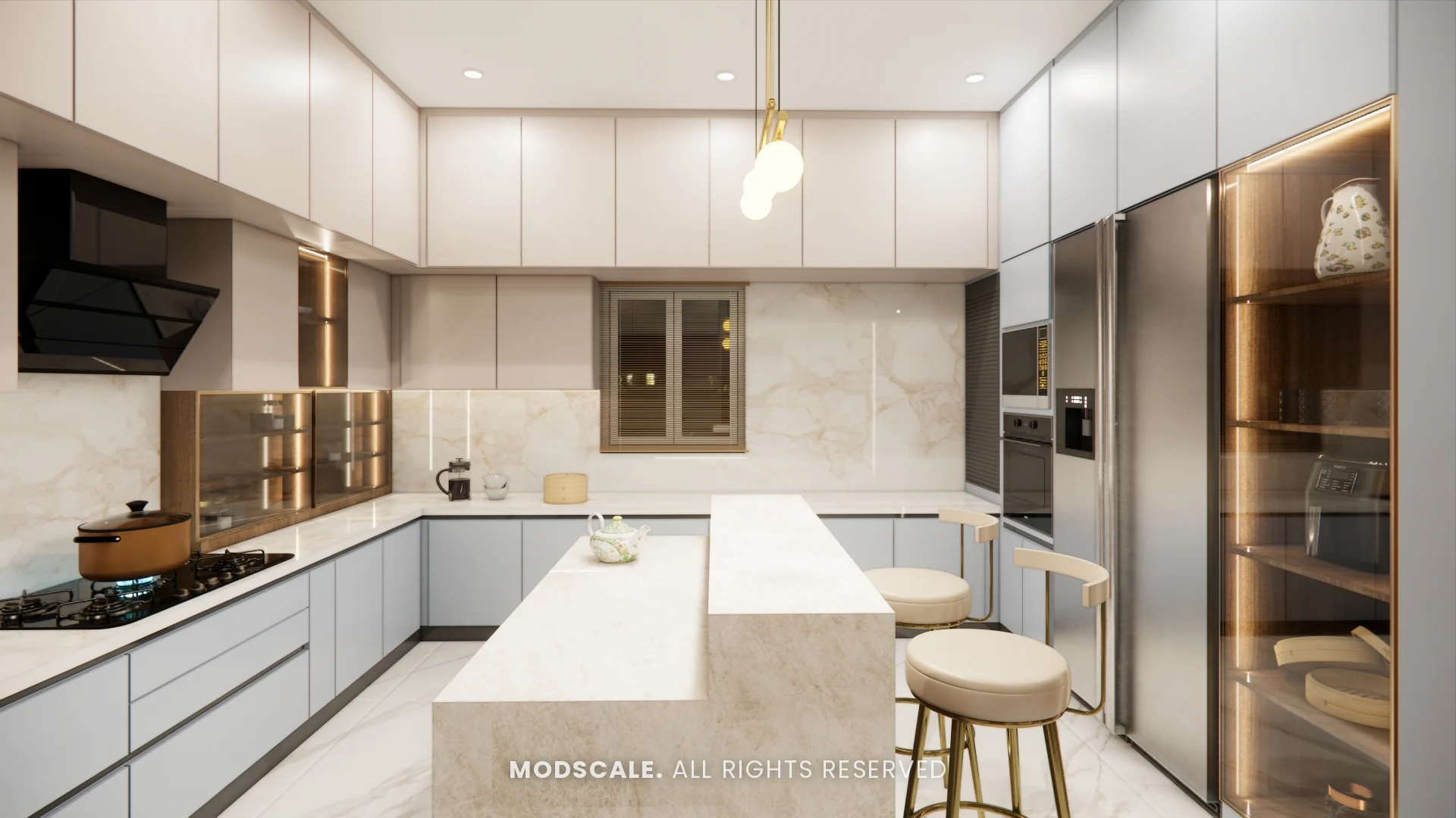 U-shaped modular kitchen with island, chimney and built-in tall units, Chethan house interior, Sarjapur–Hosur Road