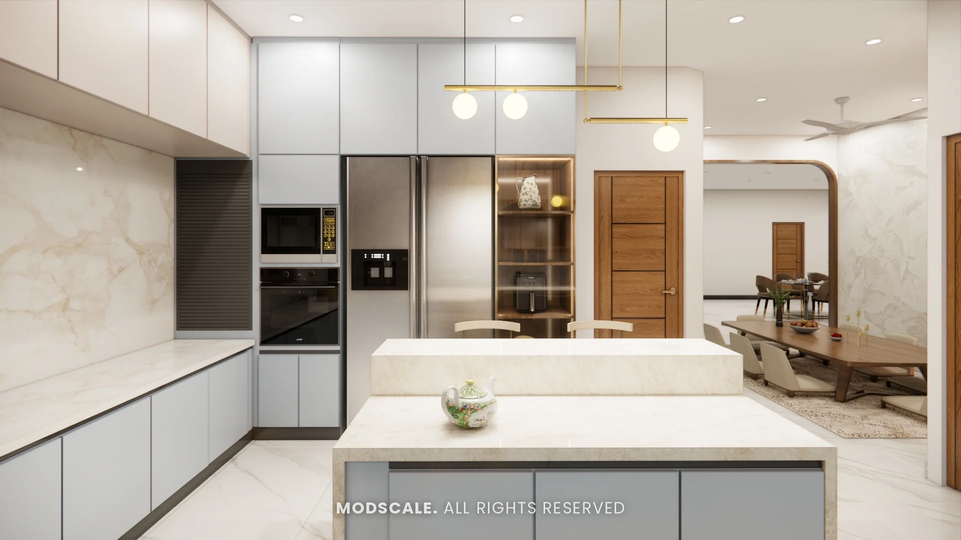 Kitchen island with breakfast seating and built-in oven tower, Chethan house interior, Sarjapur–Hosur Road