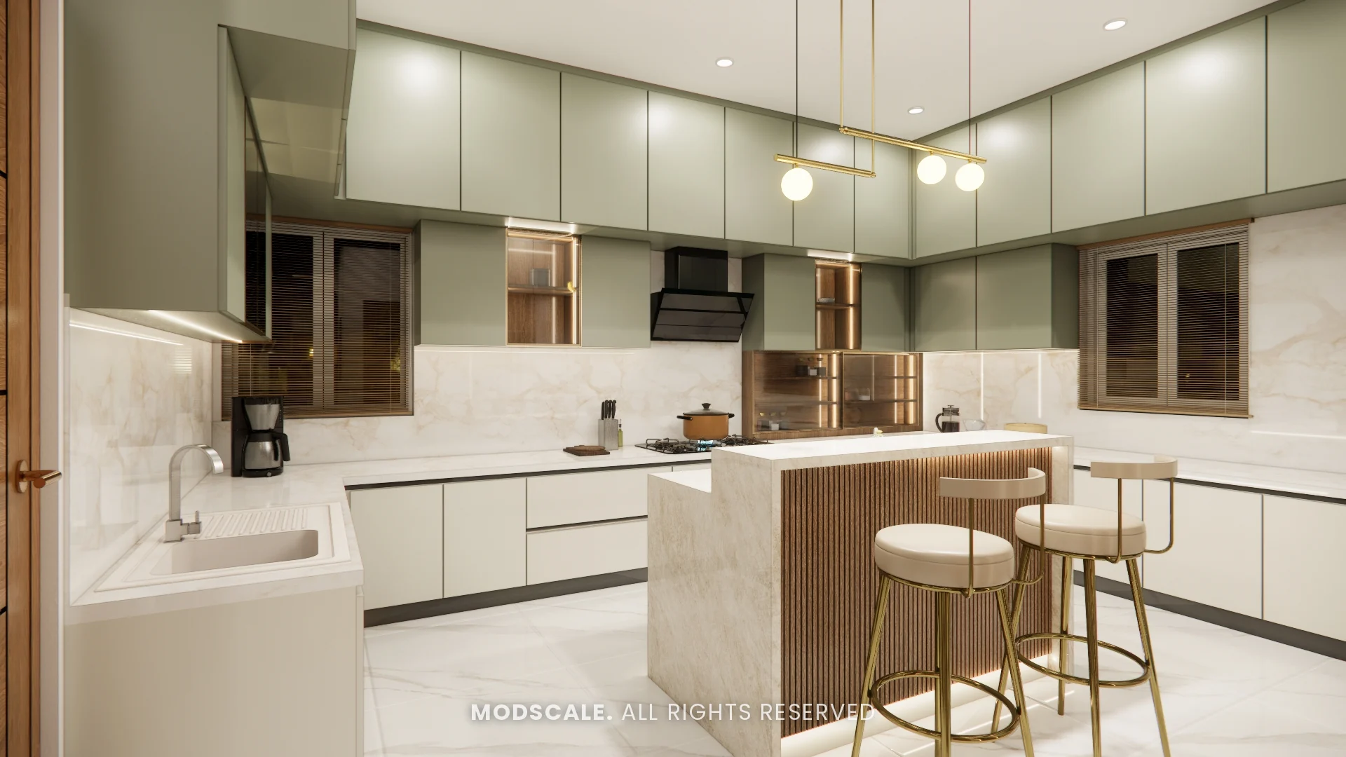 Kitchen design option with sage green wall cabinets and marble island, Chethan house interior, Sarjapur–Hosur Road