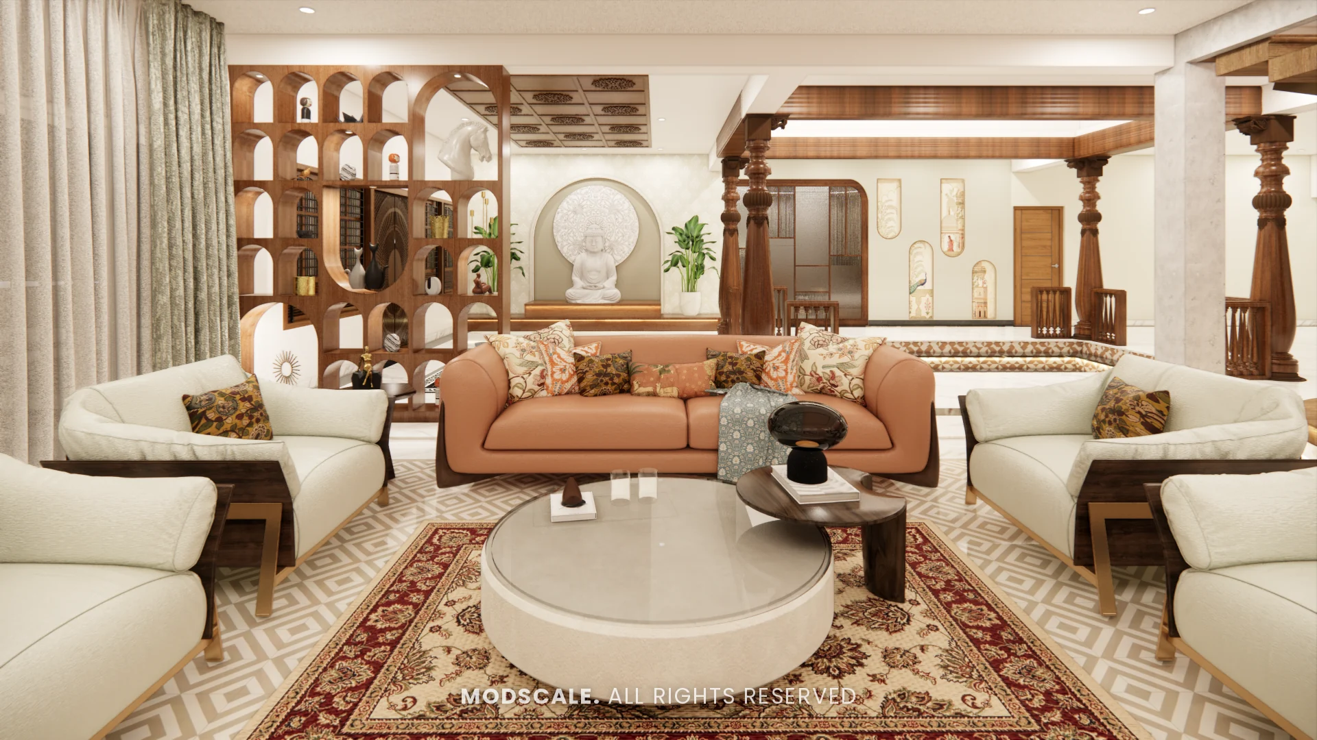 Formal living room with tan leather sofa, cream armchairs and arched wooden display partition, Chethan house interior, Sarjapur–Hosur Road
