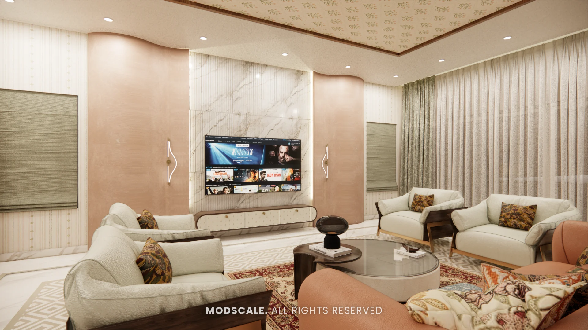 Living room TV wall in blush stone finish with lounge seating, Chethan house interior, Sarjapur–Hosur Road