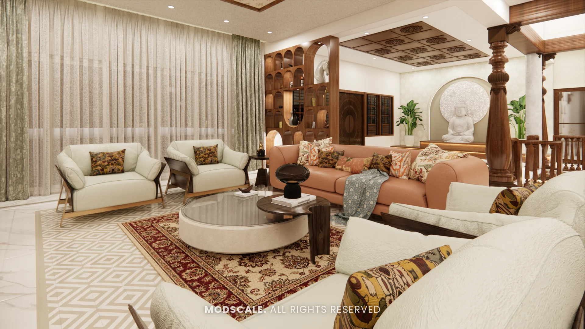 Living room seating group viewed towards the wooden partition and courtyard, Chethan house interior, Sarjapur–Hosur Road