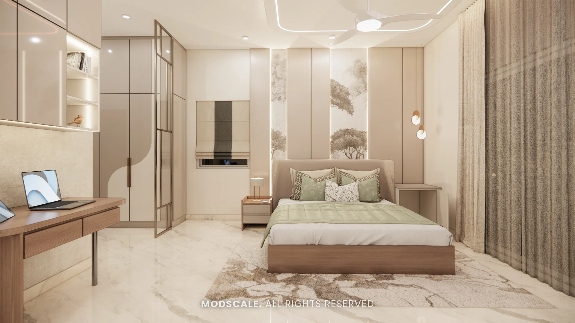 Master bedroom with upholstered bed, mural wall and study desk, Chethan house interior, Sarjapur–Hosur Road