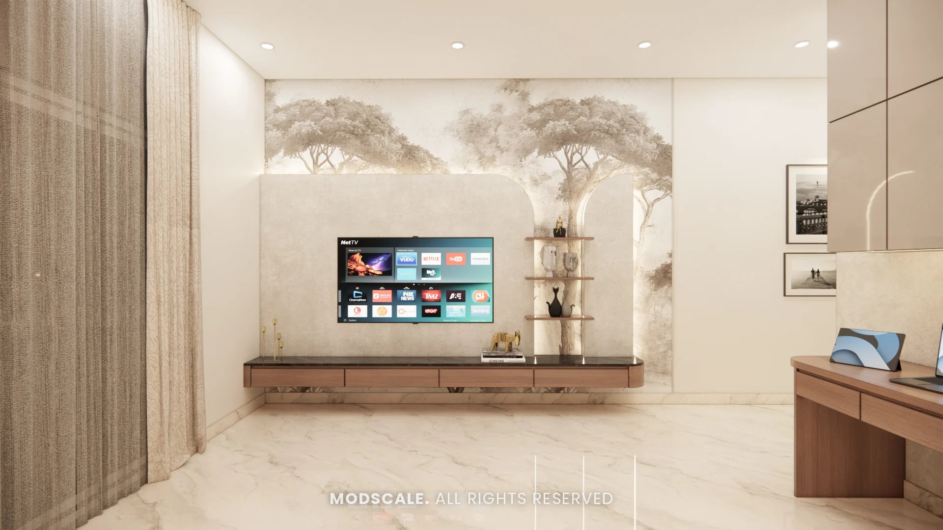 Master bedroom TV wall with tree mural and floating wooden console, Chethan house interior, Sarjapur–Hosur Road