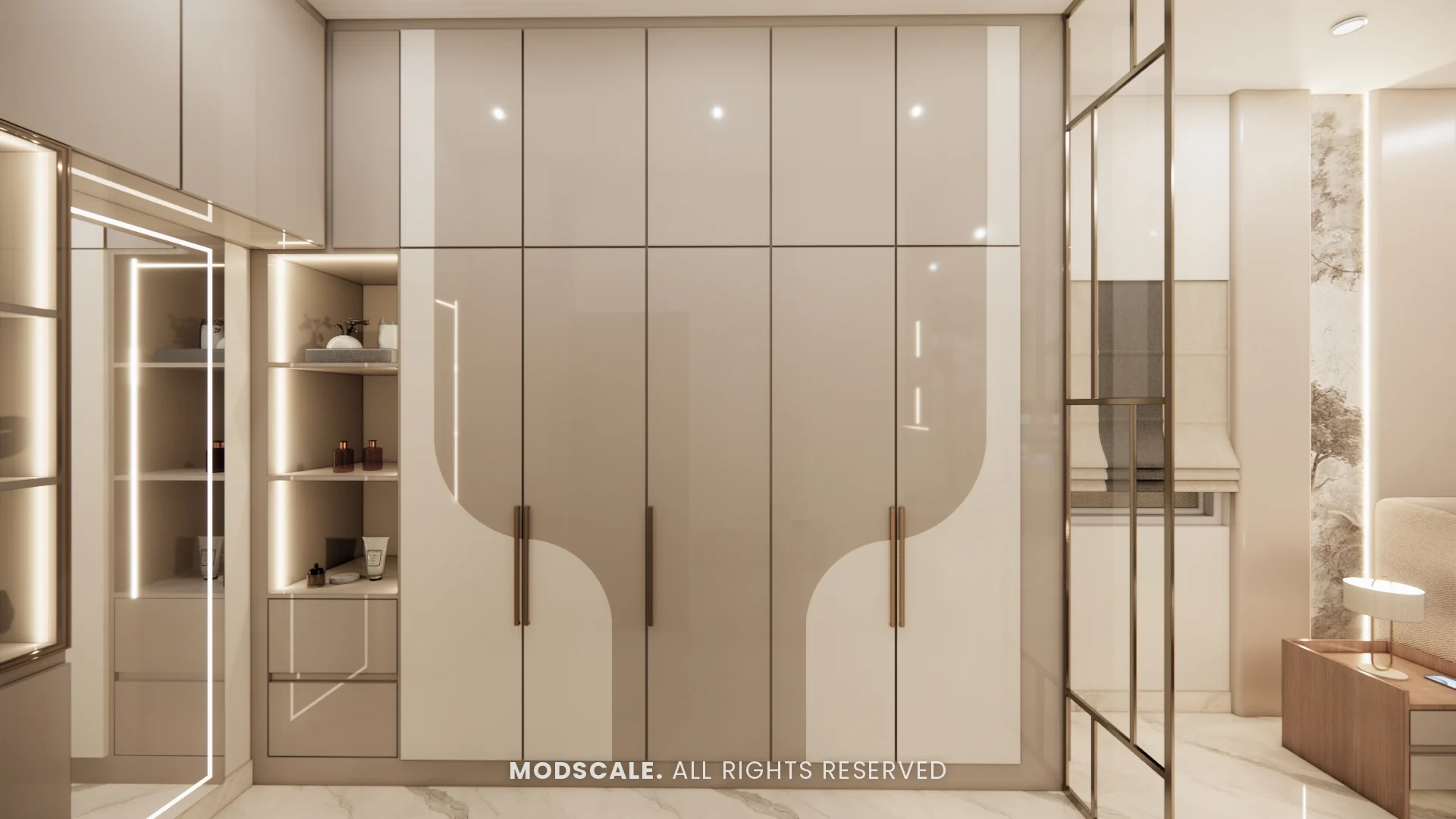 Master bedroom walk-in wardrobe with curved two-tone shutters, Chethan house interior, Sarjapur–Hosur Road