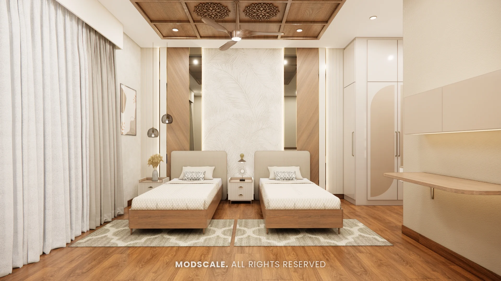 Parents bedroom with twin beds, marble-finish headboard wall and wooden ceiling detail, Chethan house interior, Sarjapur–Hosur Road