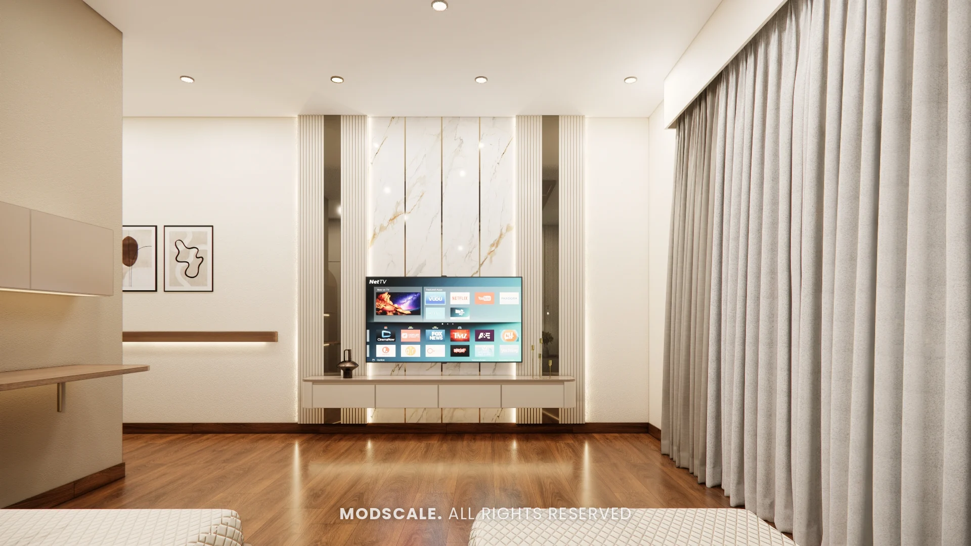Parents bedroom TV wall with wooden flooring and floating console, Chethan house interior, Sarjapur–Hosur Road