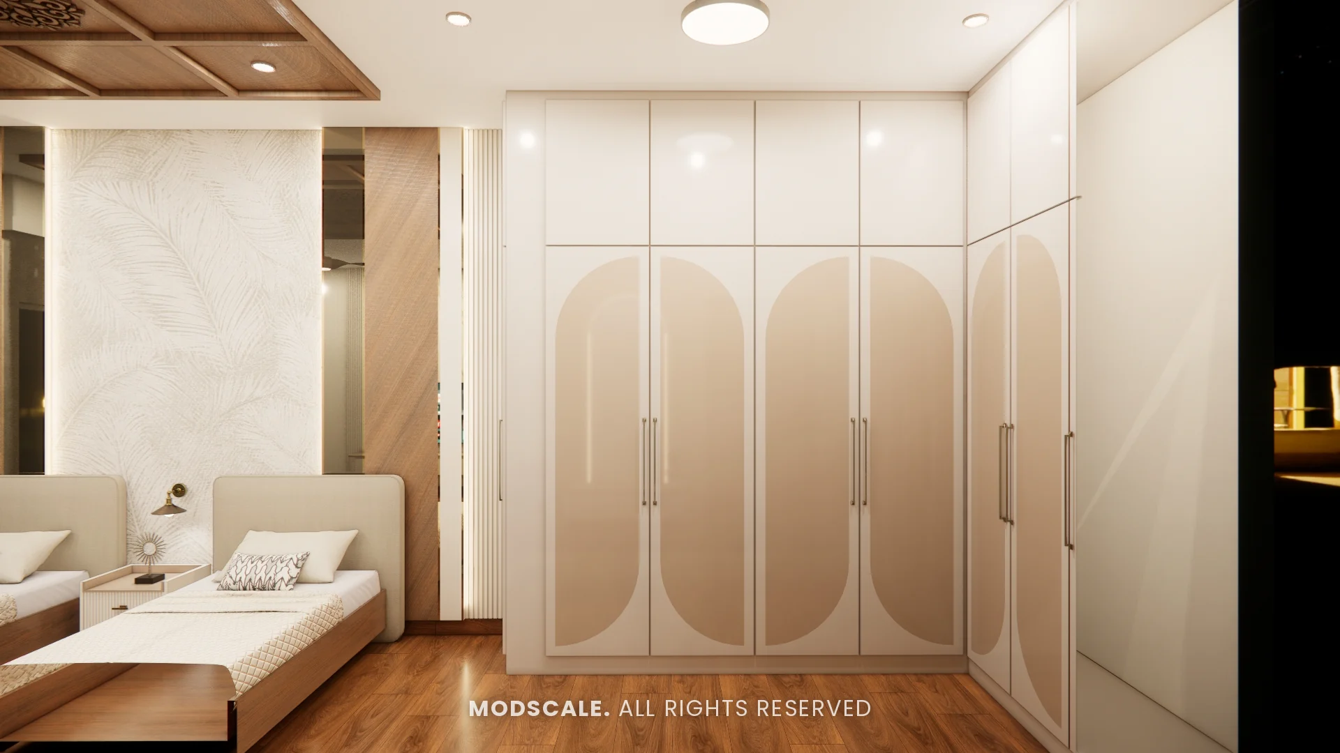 Parents bedroom wardrobe with arched shutter pattern, Chethan house interior, Sarjapur–Hosur Road