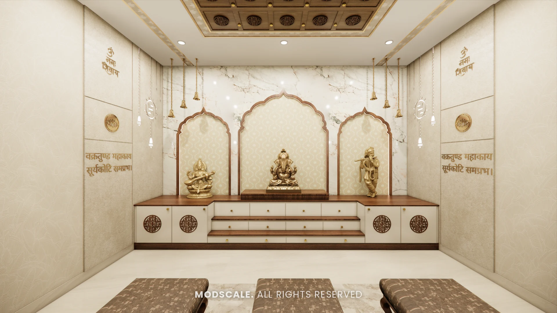 Puja room interior with arched marble niches, brass idols and floor seating, Chethan house interior, Sarjapur–Hosur Road
