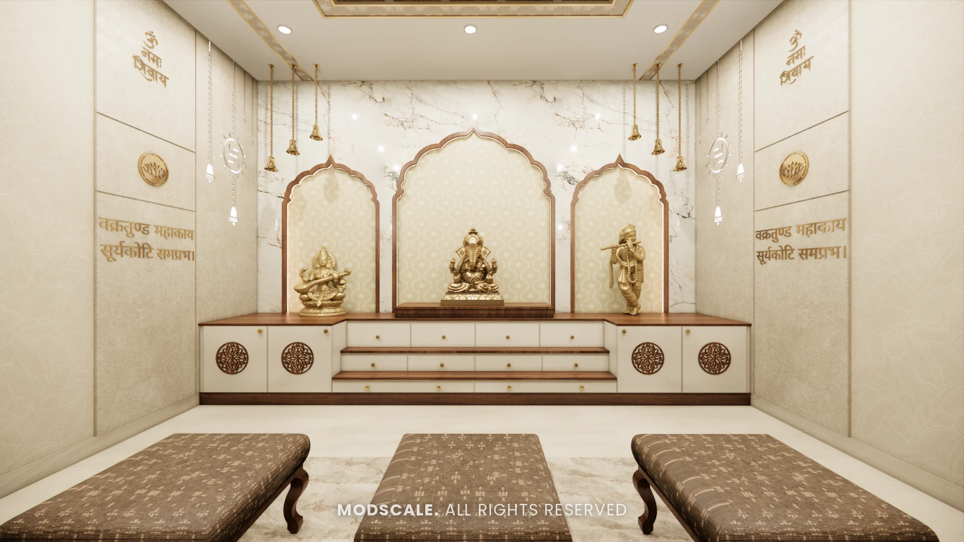Puja room altar wall with three arched niches and stepped platform, Chethan house interior, Sarjapur–Hosur Road