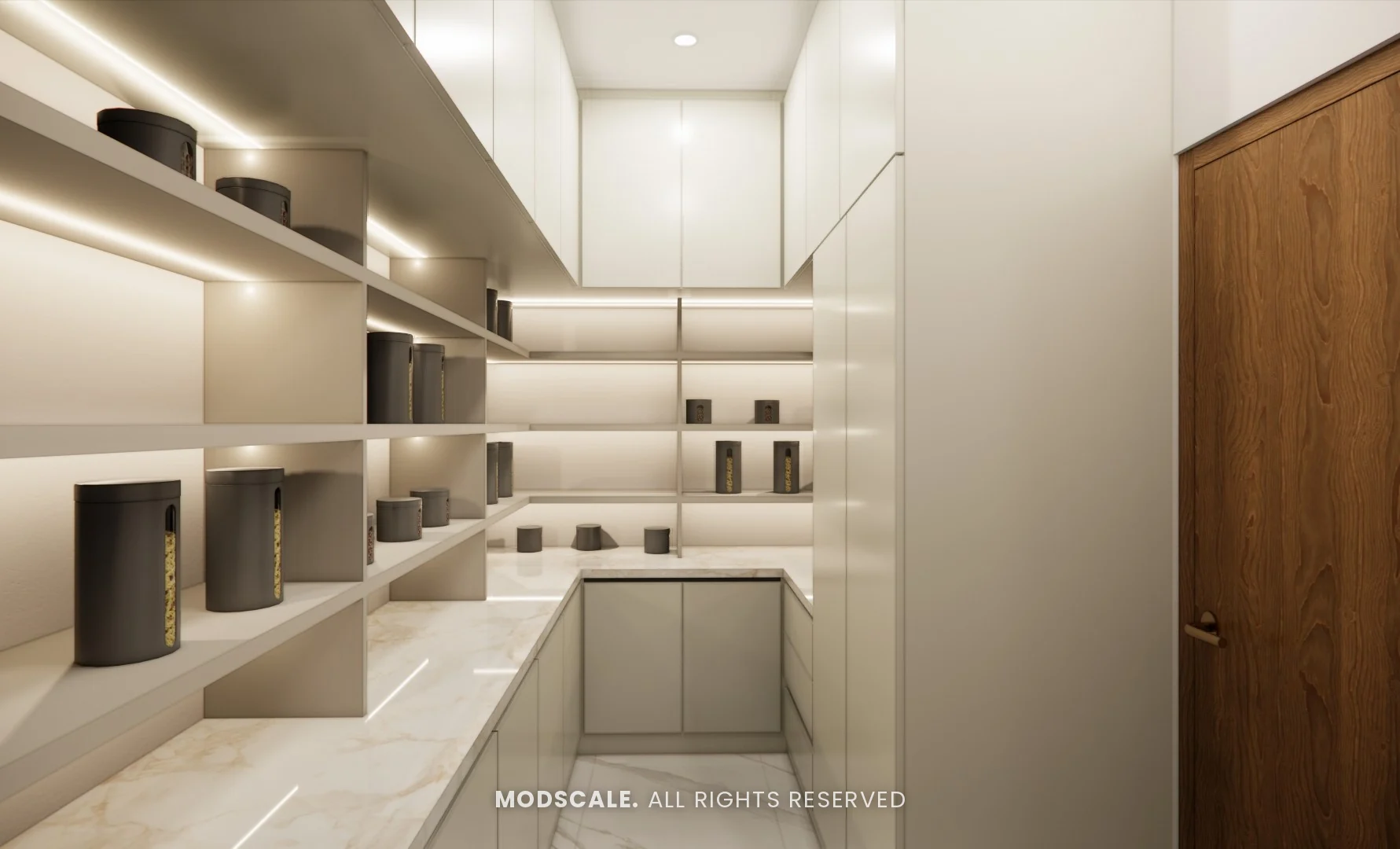 Store room with open shelving, base cabinets and under-shelf lighting, Chethan house interior, Sarjapur–Hosur Road