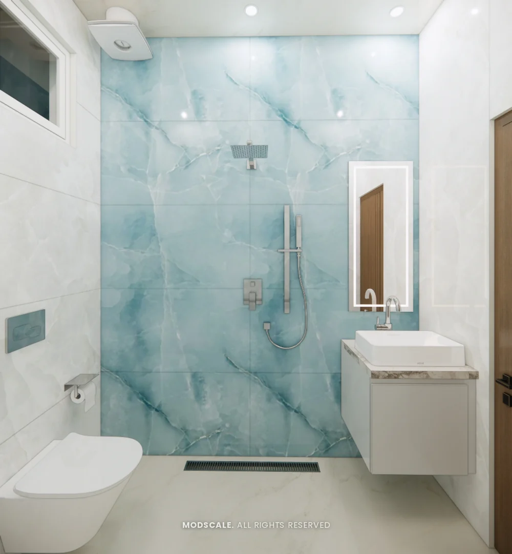 Bathroom with blue marble-finish shower wall and floating vanity, Dhirendra’s villa interior in HSR Layout