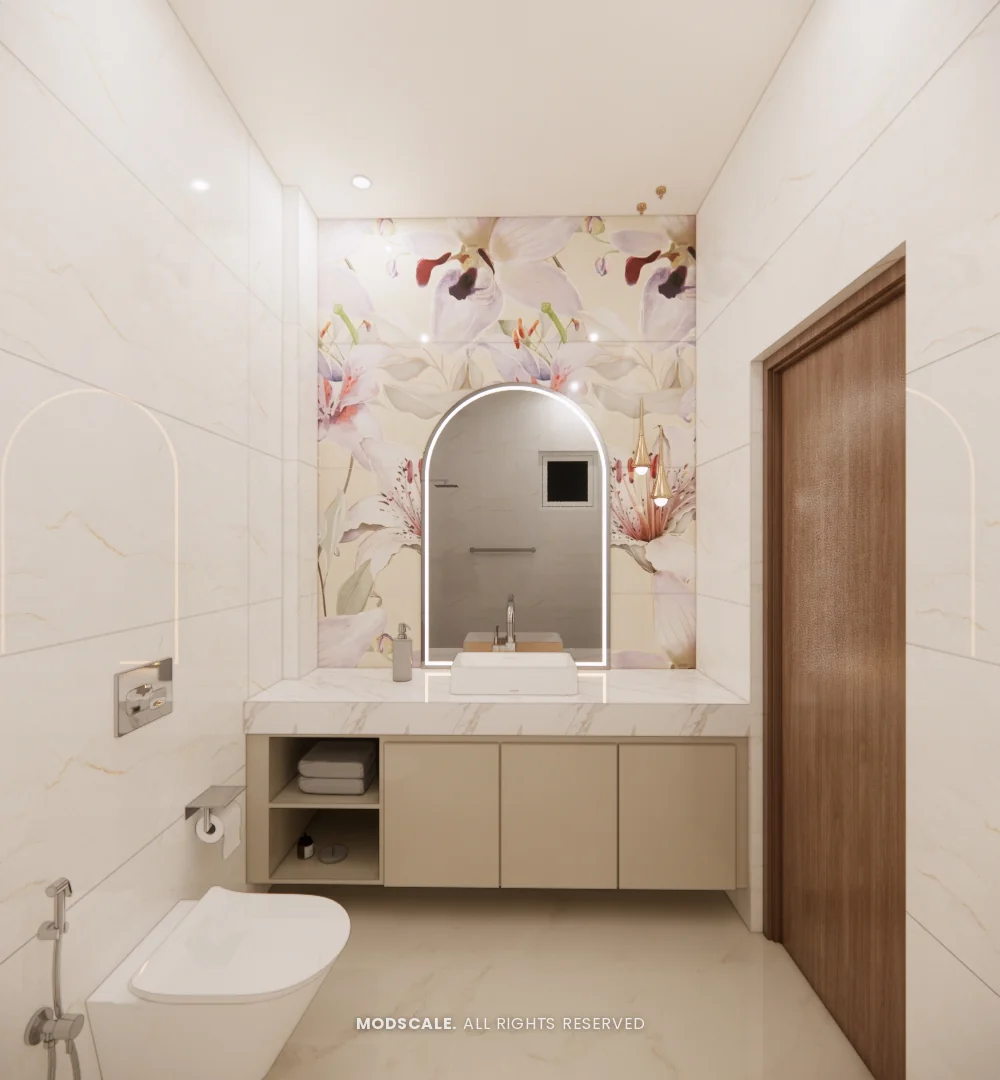 Bathroom with floral feature tile and arched mirror over the vanity, Dhirendra’s villa interior in HSR Layout