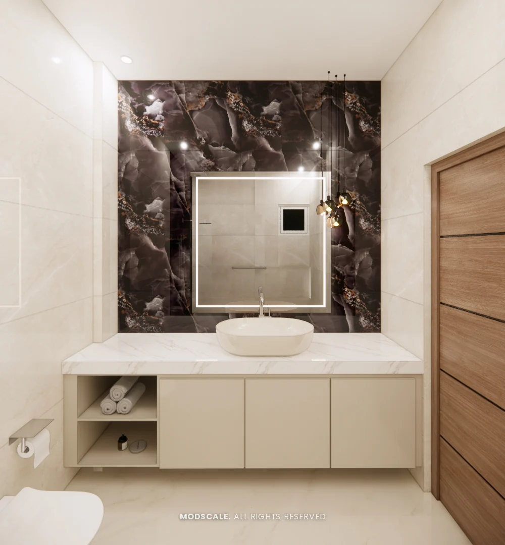 Master bathroom vanity against black marble with backlit square mirror, Dhirendra’s villa interior in HSR Layout