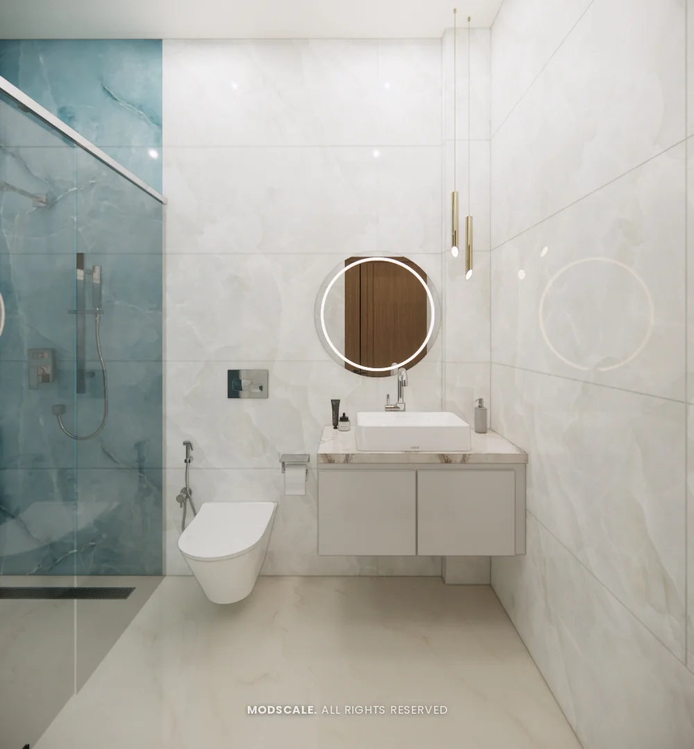Guest bathroom with round mirror and blue marble-finish wall, Dhirendra’s villa interior in HSR Layout