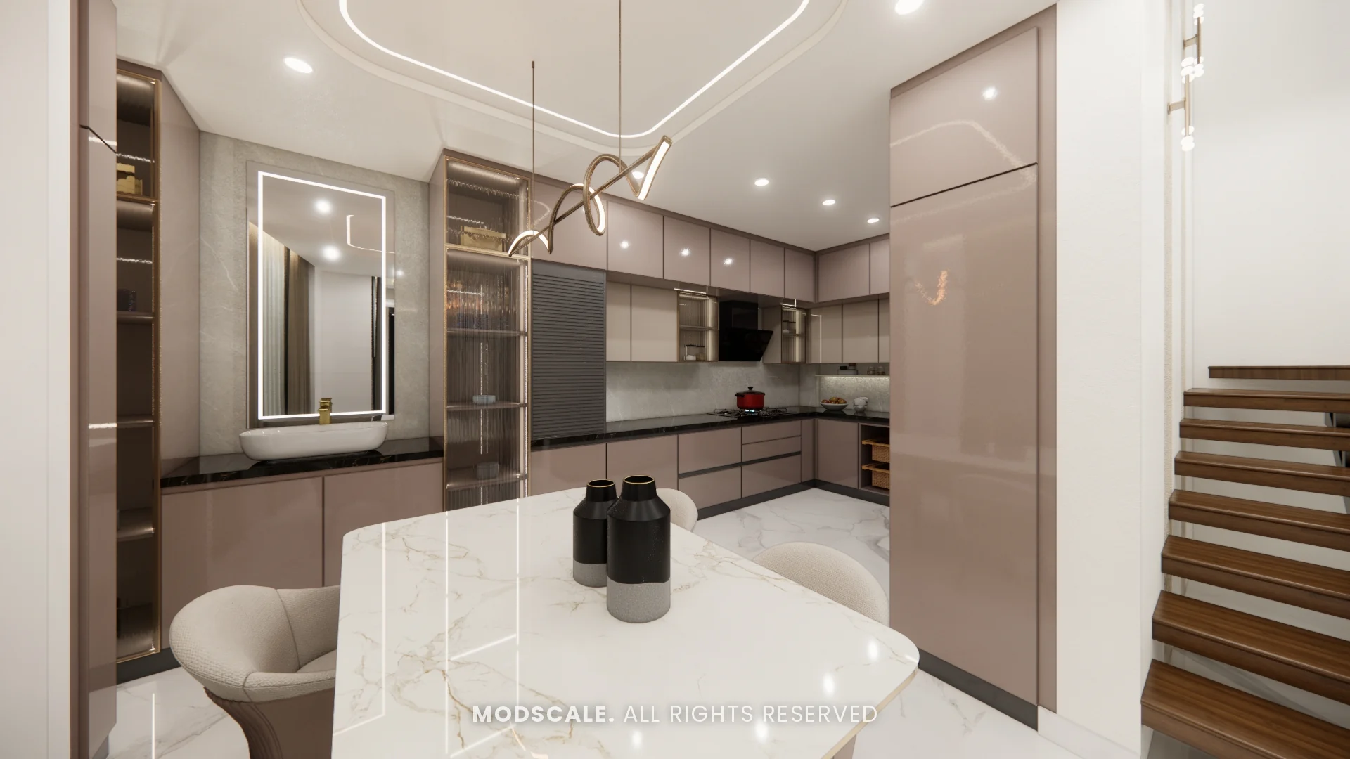 Crockery unit and wash counter beside the staircase, Dhirendra’s villa interior in HSR Layout