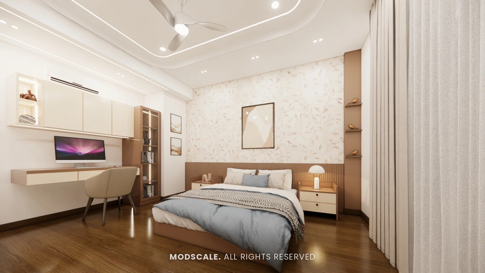 Bedroom with wooden flooring, study desk, overhead shelves and patterned wallpaper, Dhirendra’s villa interior in HSR Layout