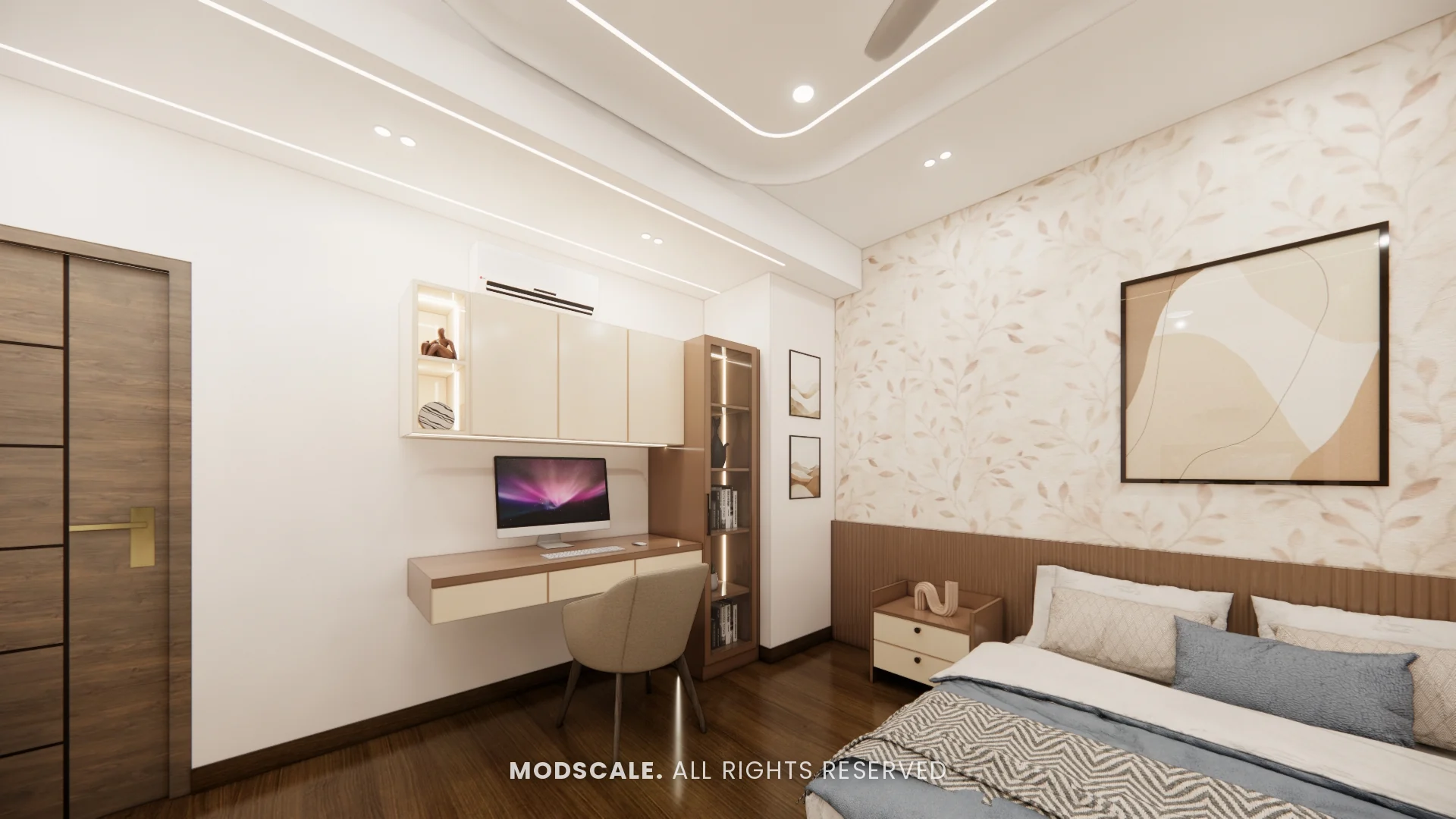 Bedroom study wall with floating desk and framed art above the bed, Dhirendra’s villa interior in HSR Layout