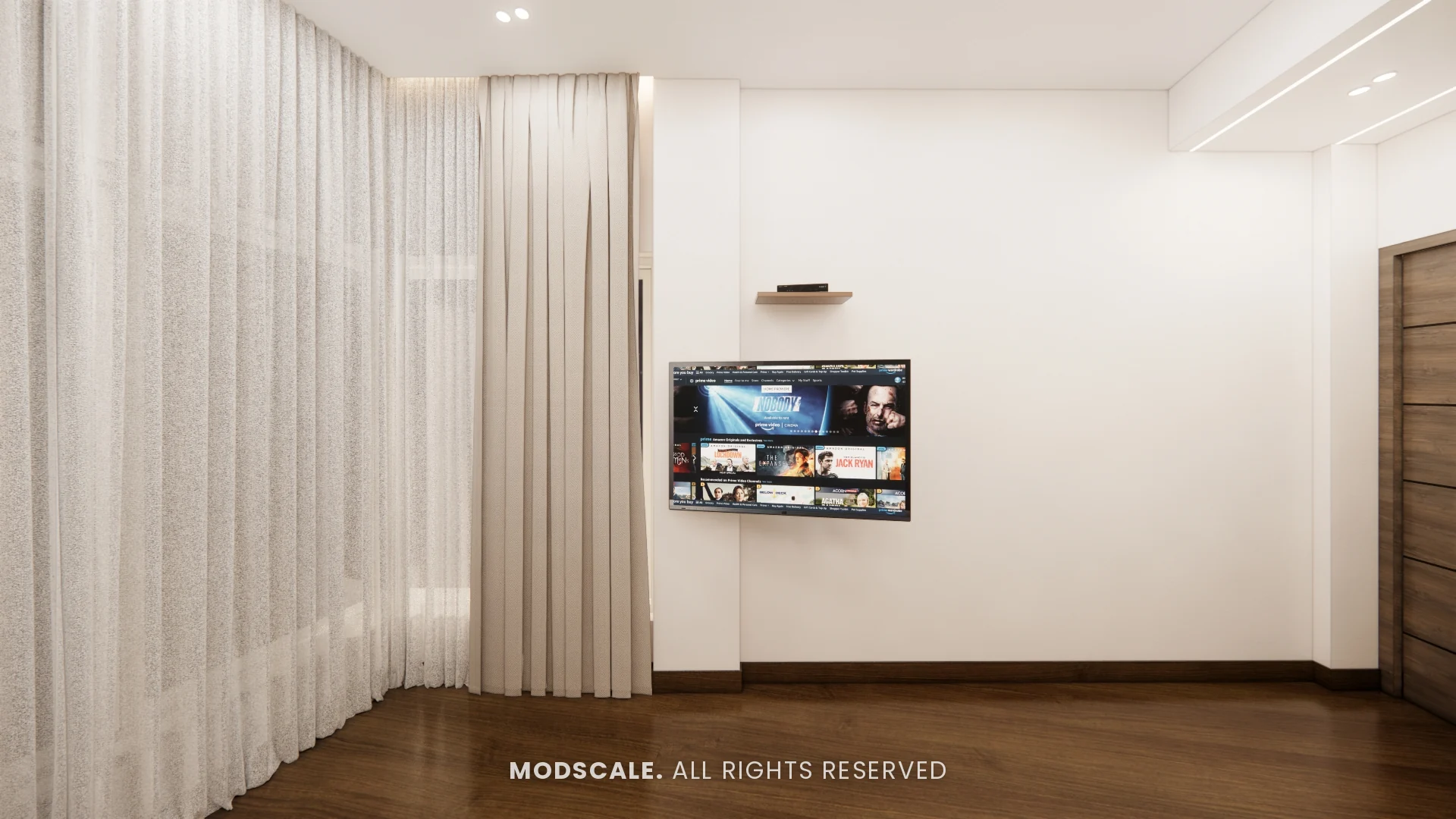 Bedroom TV wall with sheer curtains and wooden flooring, Dhirendra’s villa interior in HSR Layout