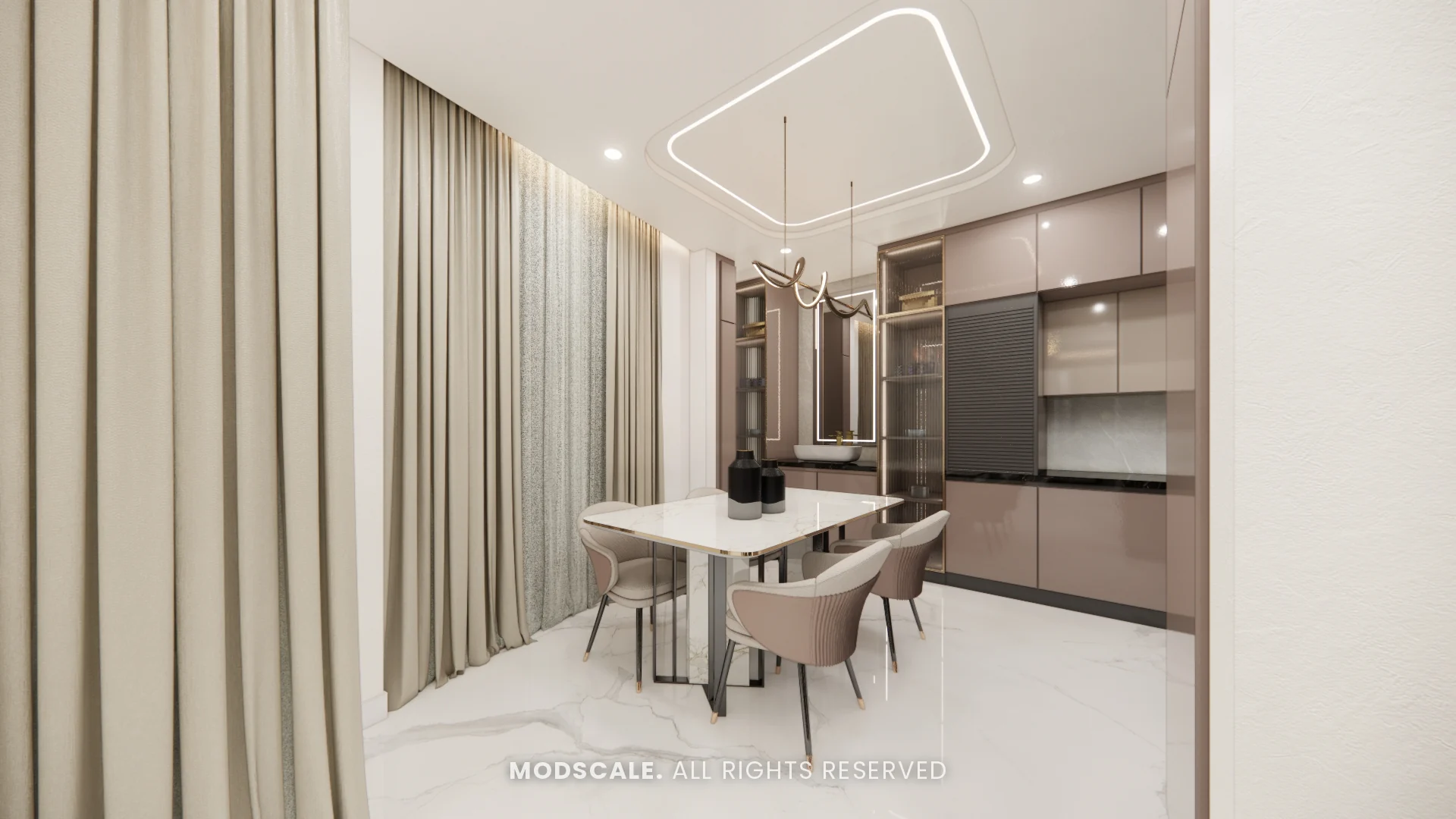 Dining table with blush chairs under a linear loop light, Dhirendra’s villa interior in HSR Layout