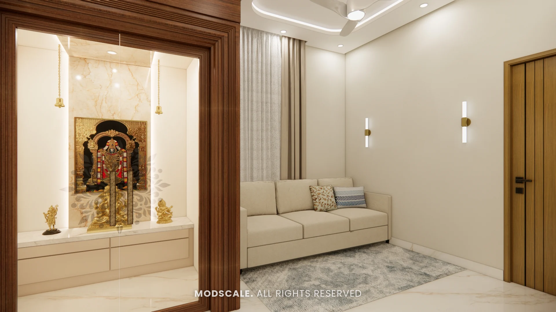 Pooja room framed in carved wood opening onto the family lounge, Dhirendra’s villa interior in HSR Layout