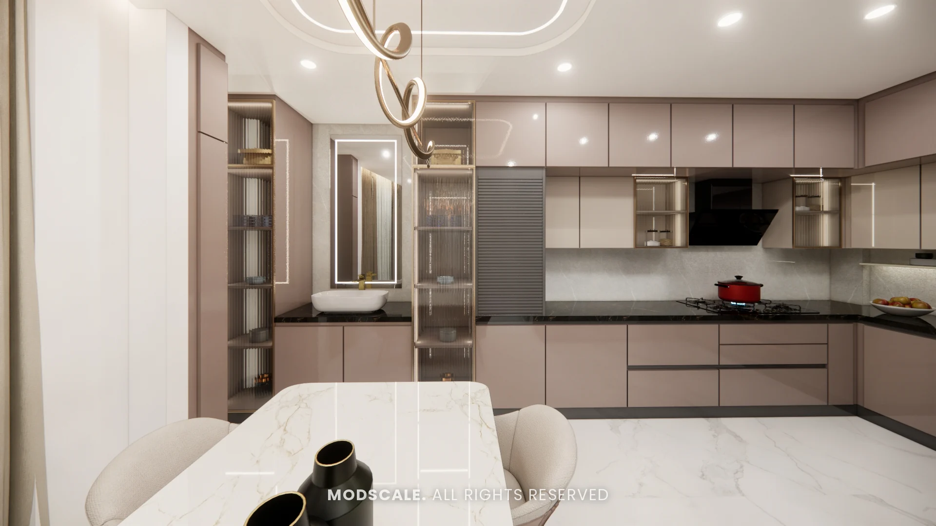 Modular kitchen with taupe and cream cabinets, black counter and breakfast table, Dhirendra’s villa interior in HSR Layout
