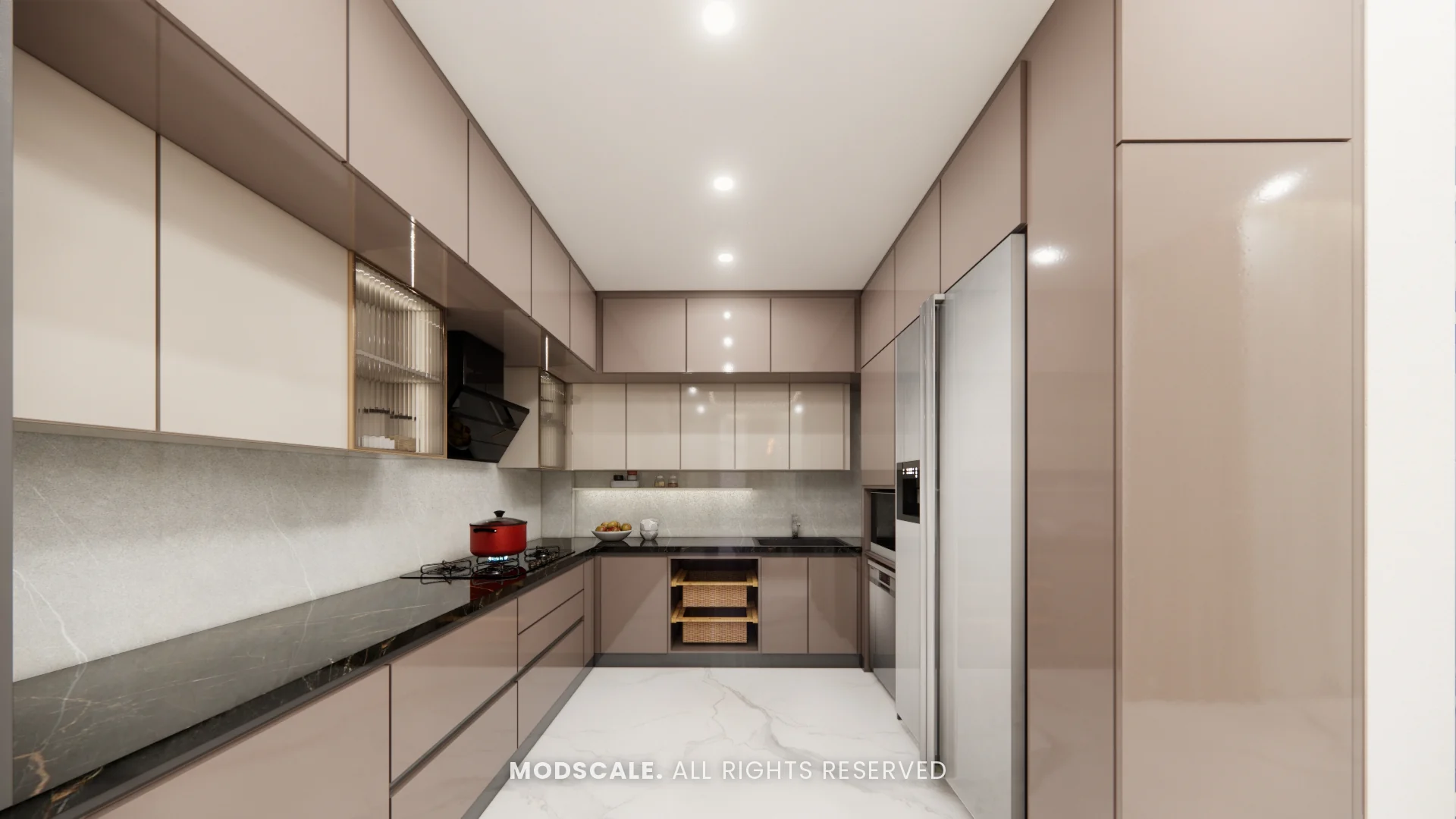 U-shaped kitchen with handleless cabinets and backlit open shelves, Dhirendra’s villa interior in HSR Layout