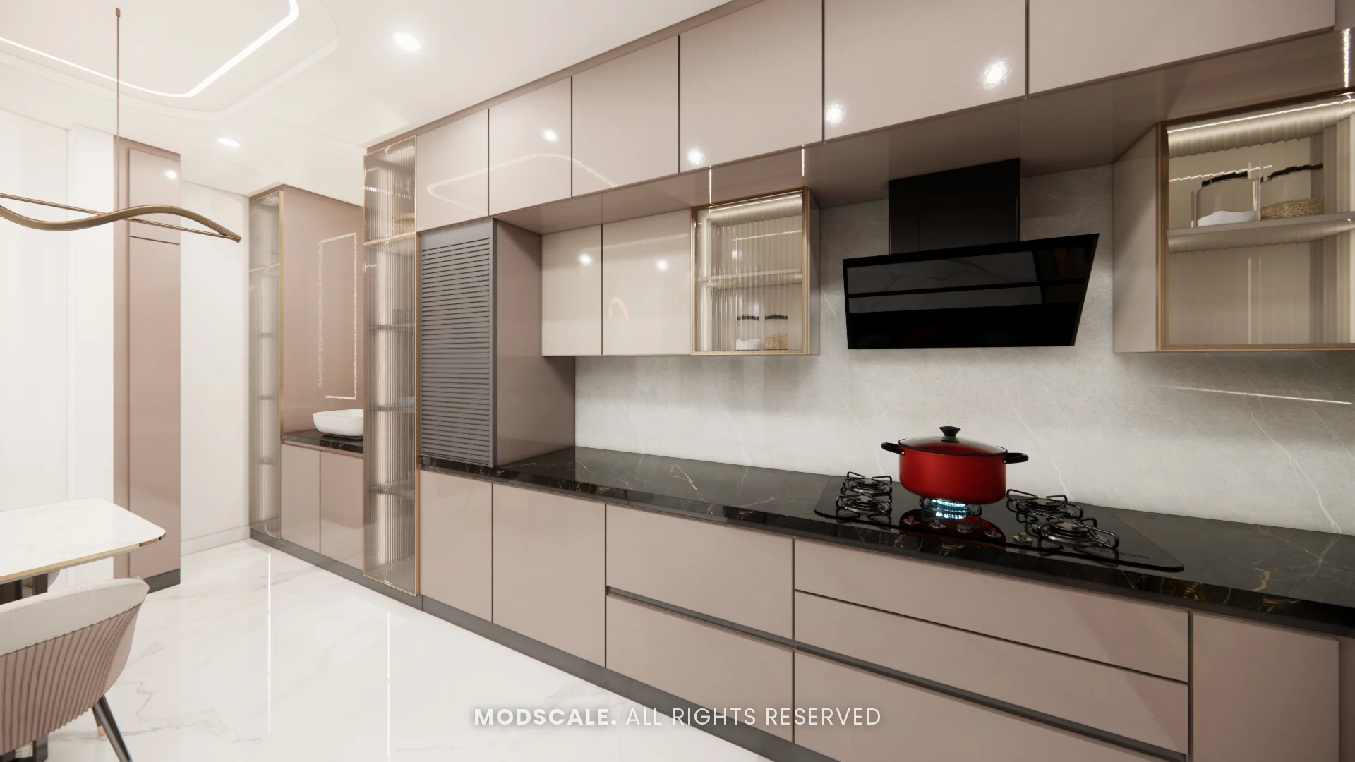 Kitchen hob wall with angled chimney and glass-shutter wall units, Dhirendra’s villa interior in HSR Layout