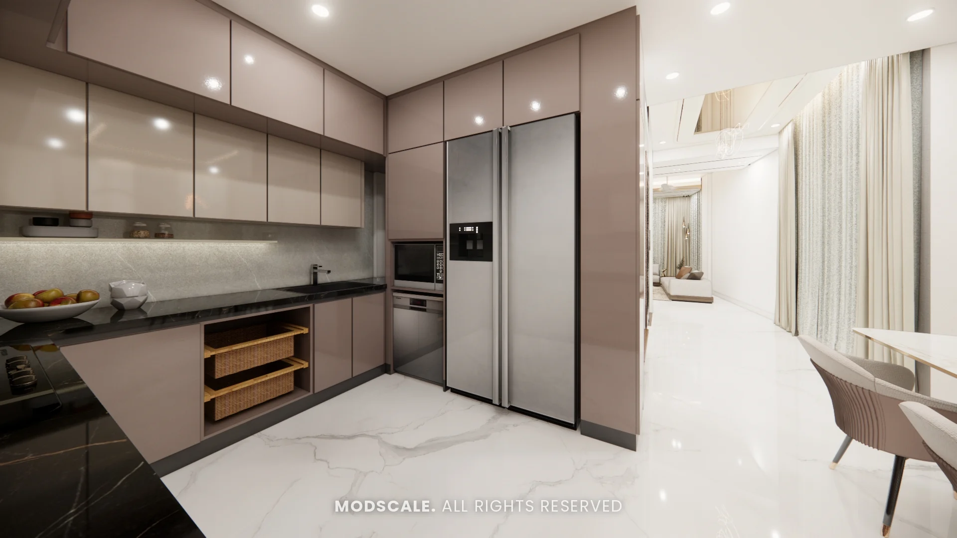 Kitchen with refrigerator tall unit and pull-out baskets, Dhirendra’s villa interior in HSR Layout
