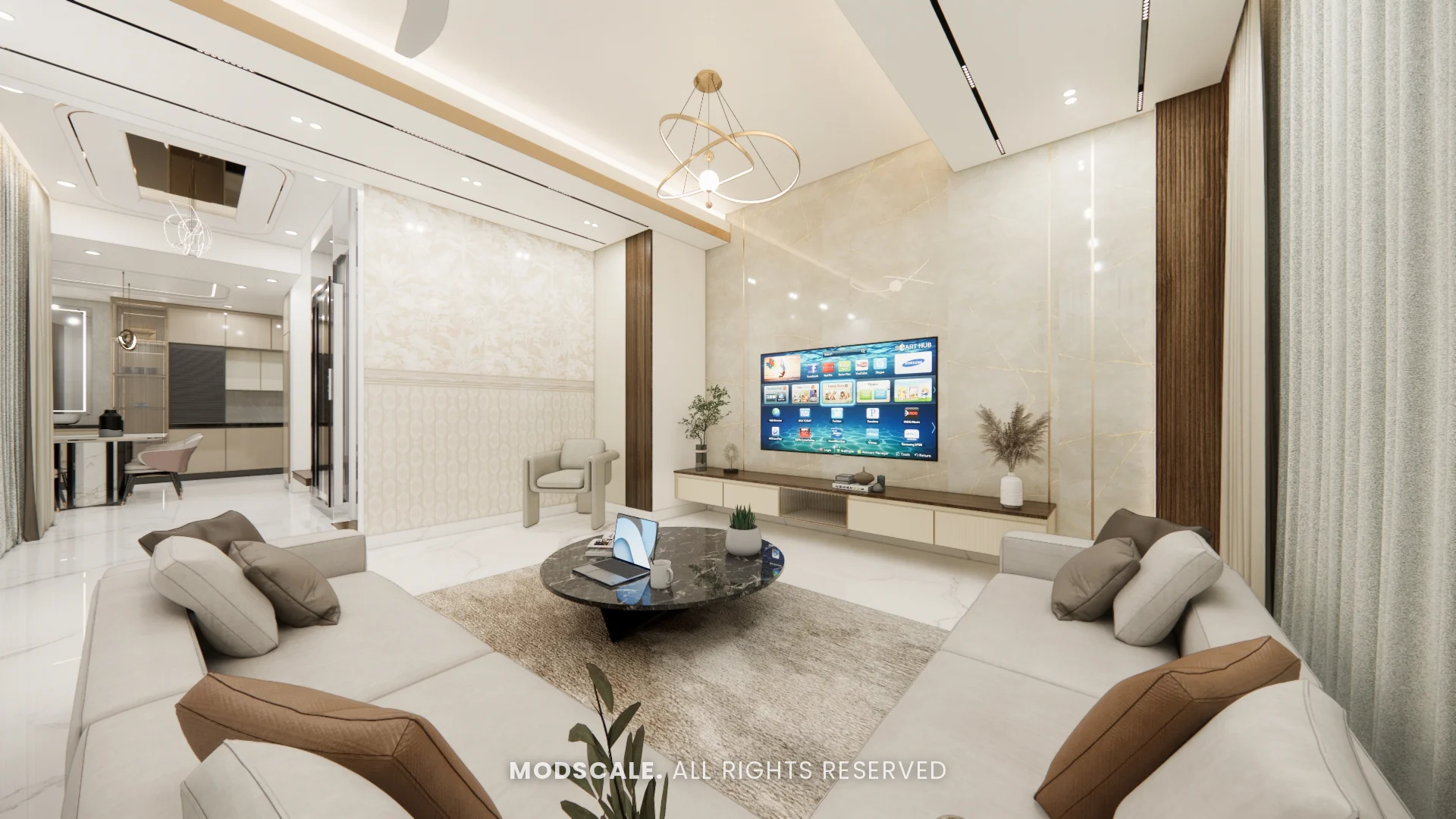 Living room with cream sectional sofa, round marble coffee table and TV wall, Dhirendra’s villa interior in HSR Layout