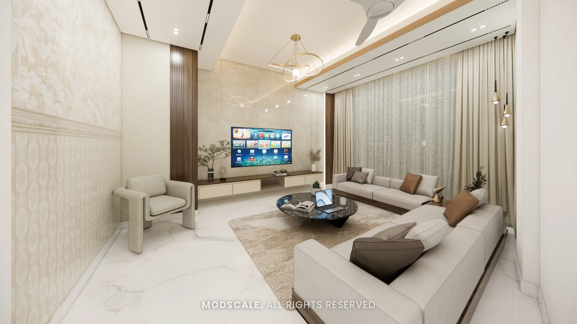 Living room with textured feature wall, accent chair and full-height sheer curtains, Dhirendra’s villa interior in HSR Layout