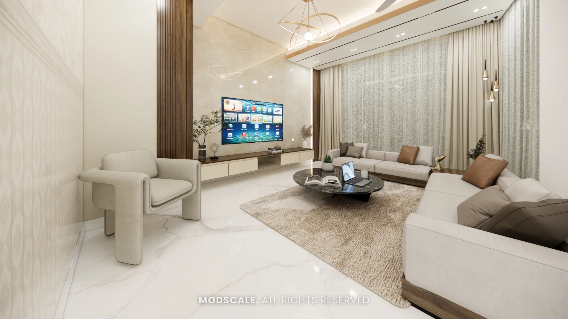Living room seen from the entrance with wall-mounted TV, Dhirendra’s villa interior in HSR Layout