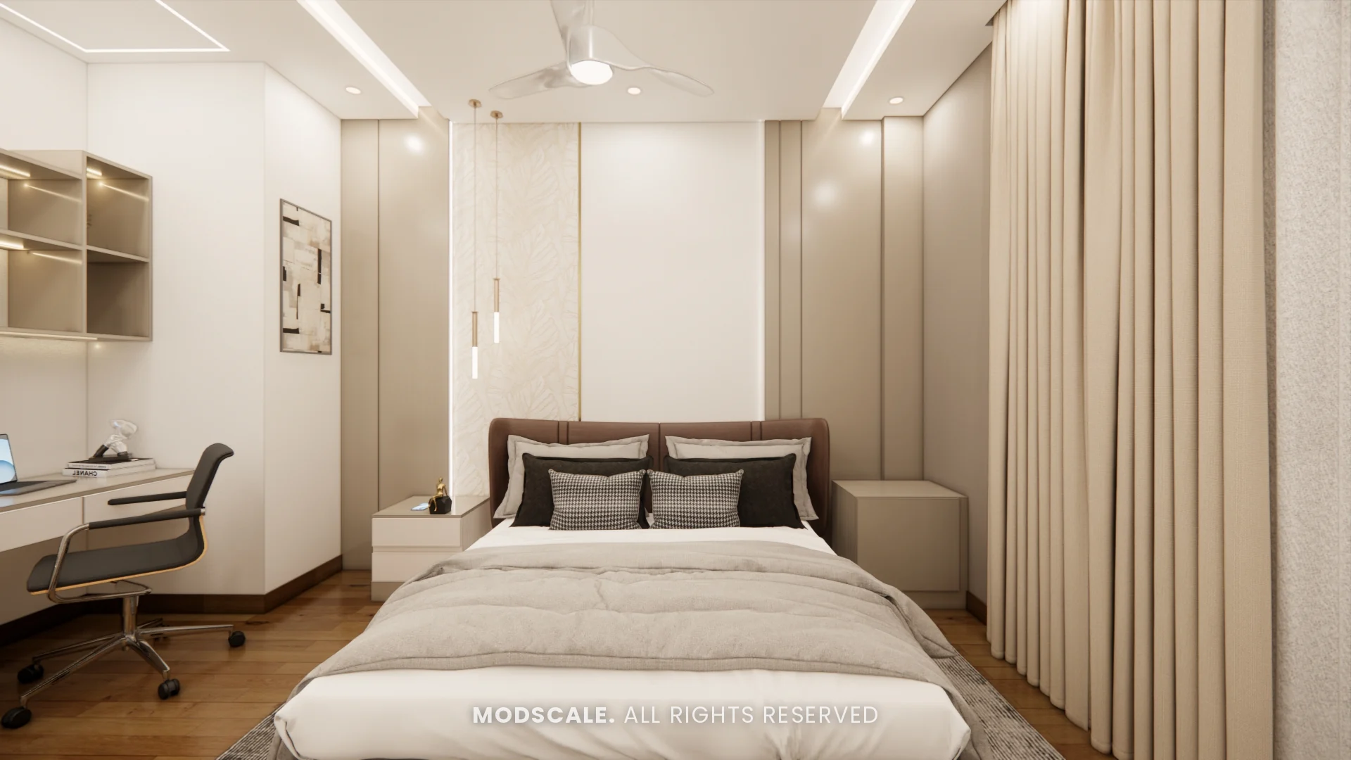 Master bedroom with upholstered bed, study desk and wall shelves, Dhirendra’s villa interior in HSR Layout