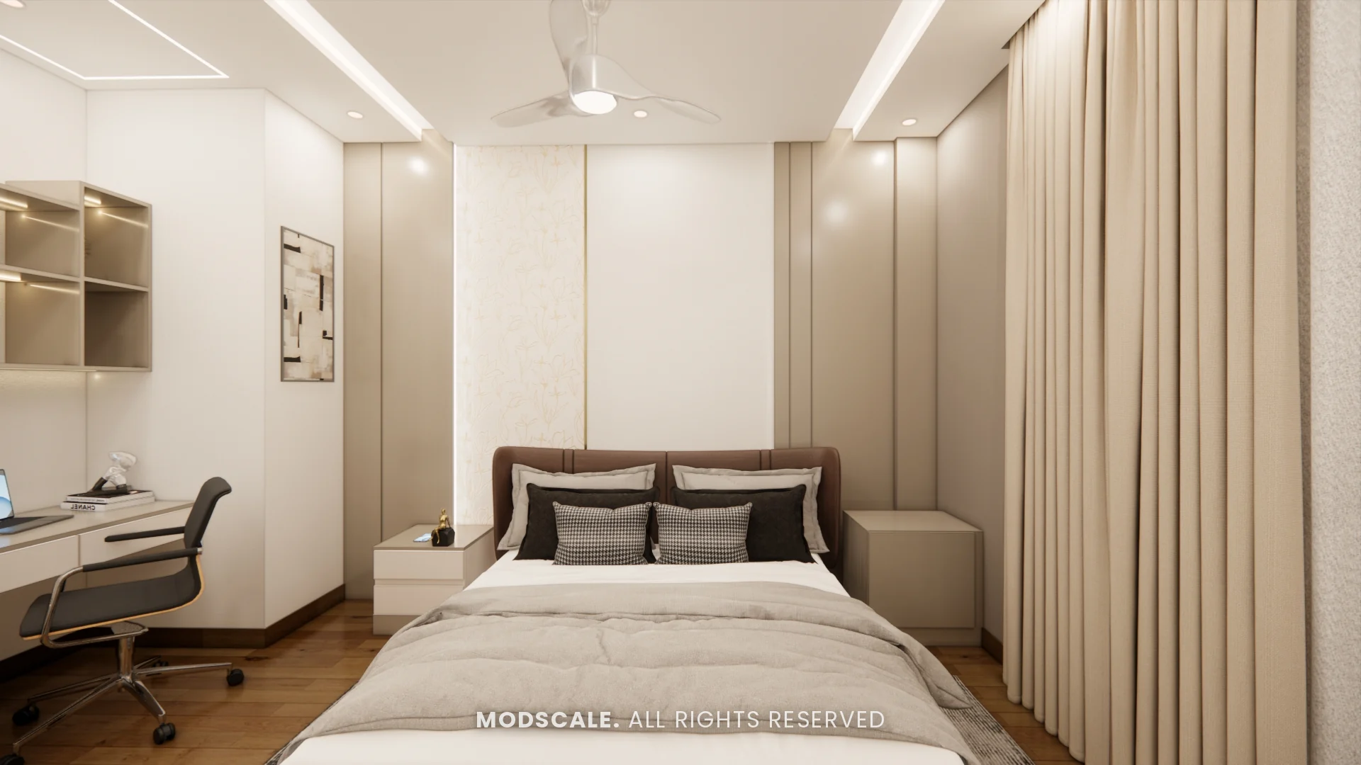 Master bedroom bed wall with panelled headboard and sheer curtains, Dhirendra’s villa interior in HSR Layout