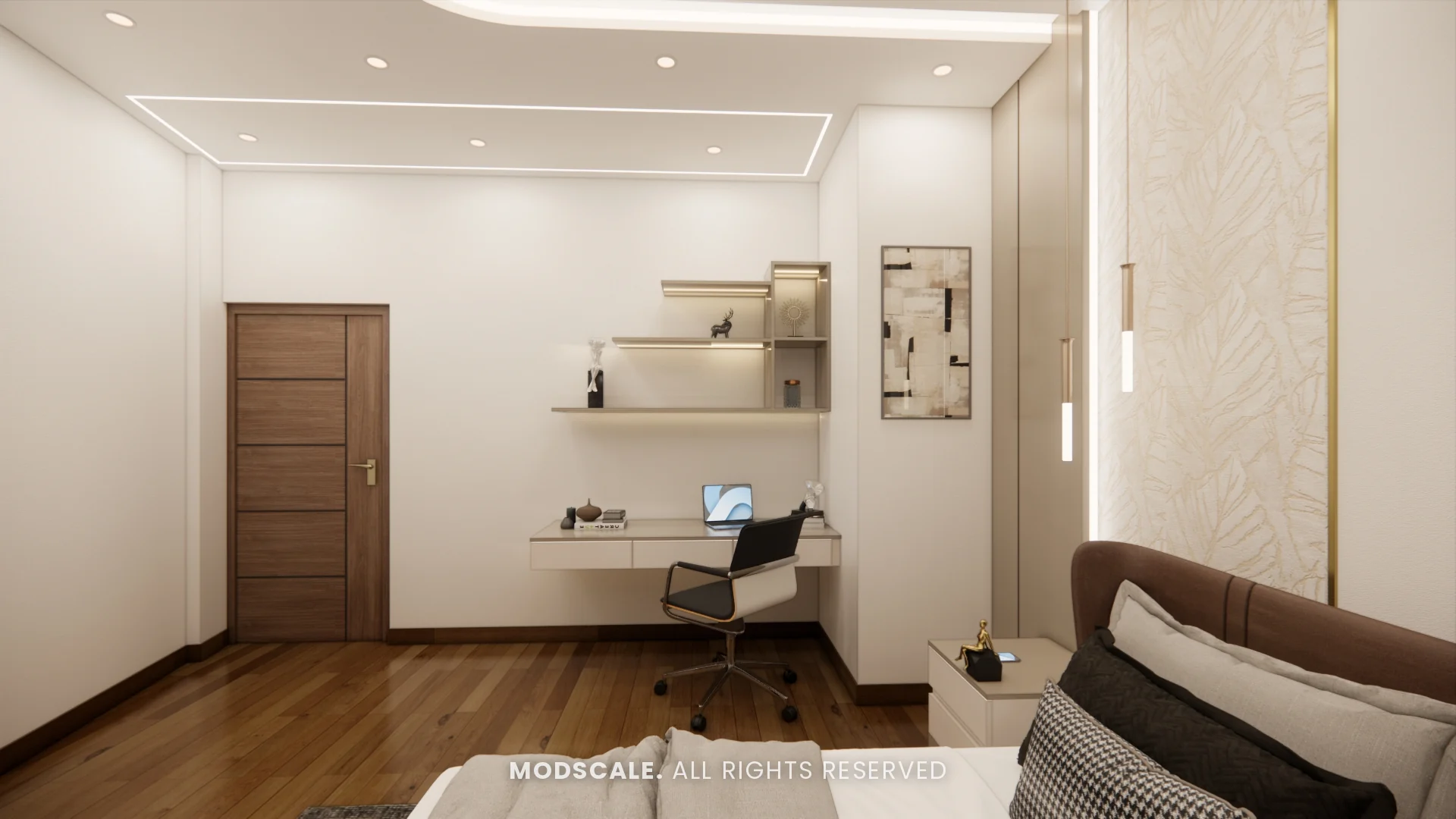Master bedroom study corner with floating desk and shelves, Dhirendra’s villa interior in HSR Layout