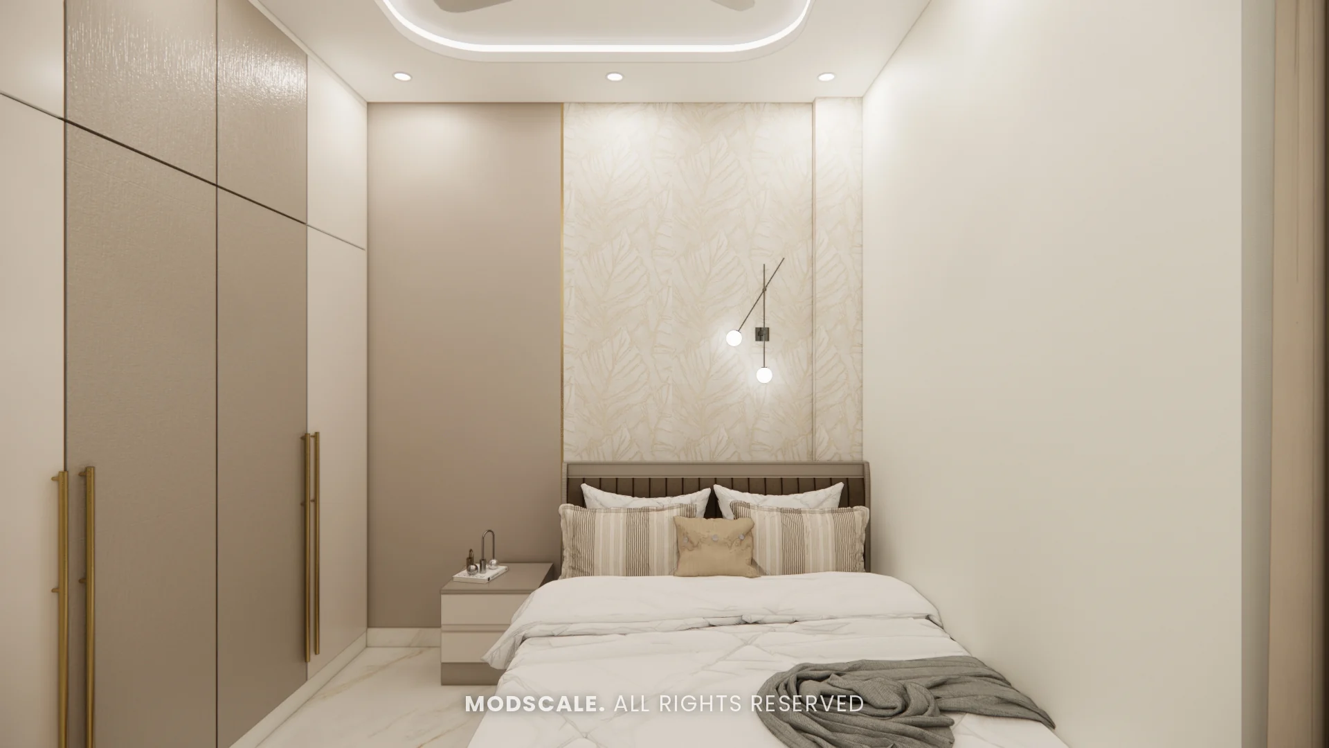 Parents bedroom with upholstered bed, textured headboard panel and full-height wardrobe, Dhirendra’s villa interior in HSR Layout